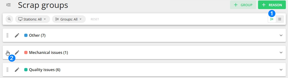 Screenshot: The order can be changed in group view (marked with 1 in the image below) by dragging the items (groups or reasons within a group) by the dotted ico