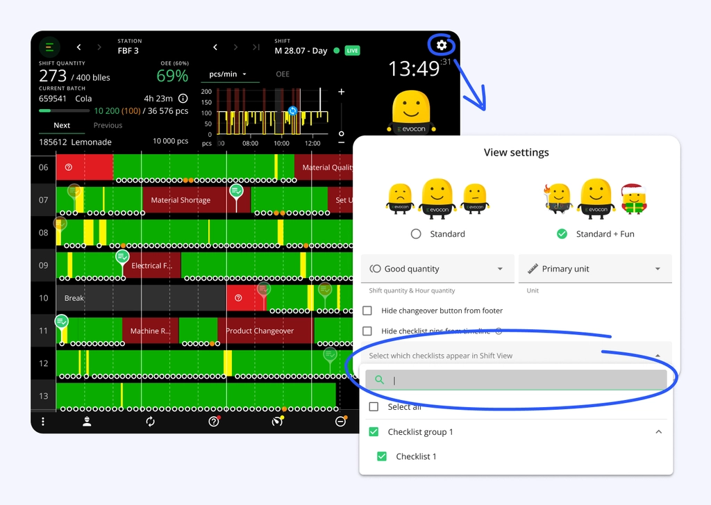 Captura de pantalla: La opción está en View settings (Configuración de vista), encima de Mr Evocon. Las listas de verificación no seleccionadas quedan ocultas y