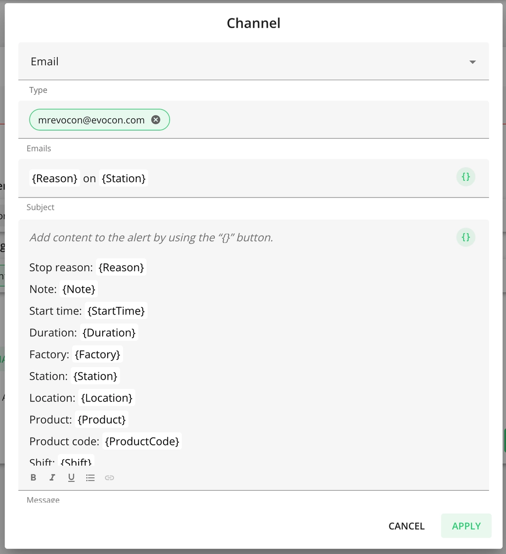 Screenshot: Message: Variables defined in the brackets will be sent as an email message (you can select the variables you want to see in the alert)