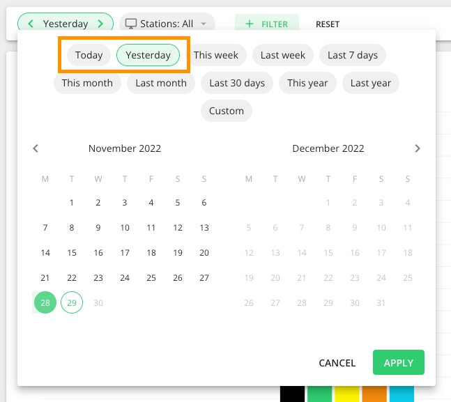 Captura de pantalla: Guardar informes con un rango de tiempo móvil de "Today" y "Yesterday"