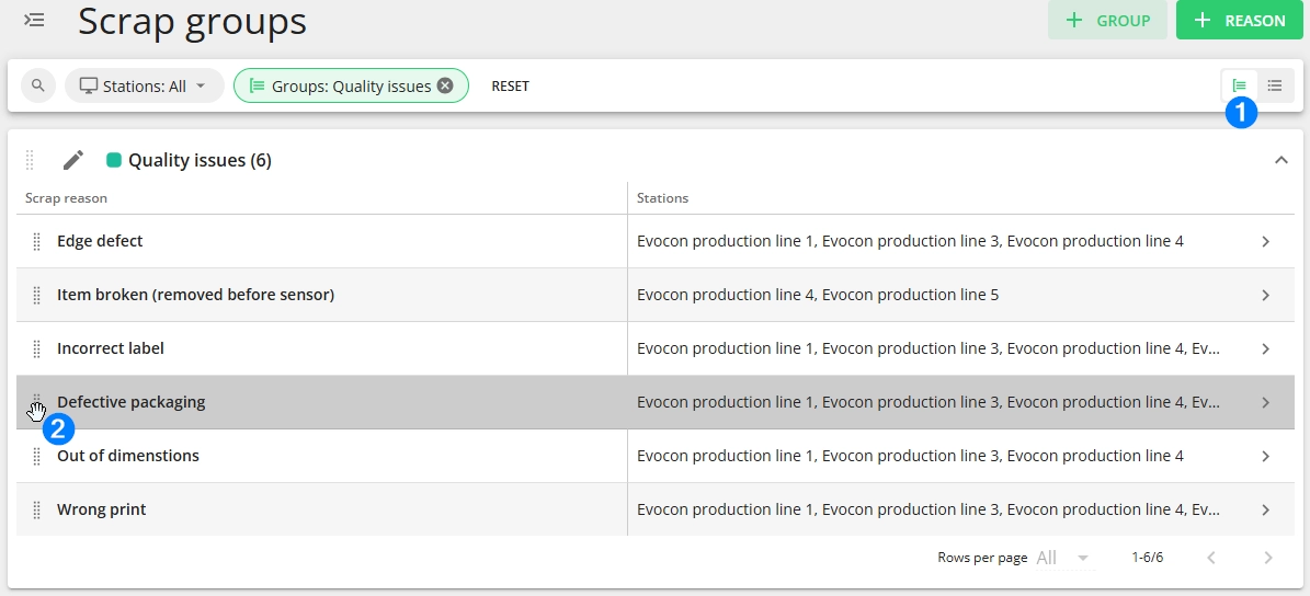 Screenshot: The order can be changed in group view (marked with 1 in the image below) by dragging the items (groups or reasons within a group) by the dotted ico