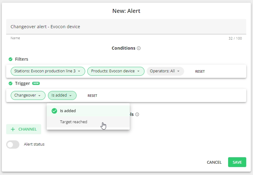 Screenshot: Changeover - Define which changeover actions trigger the alert