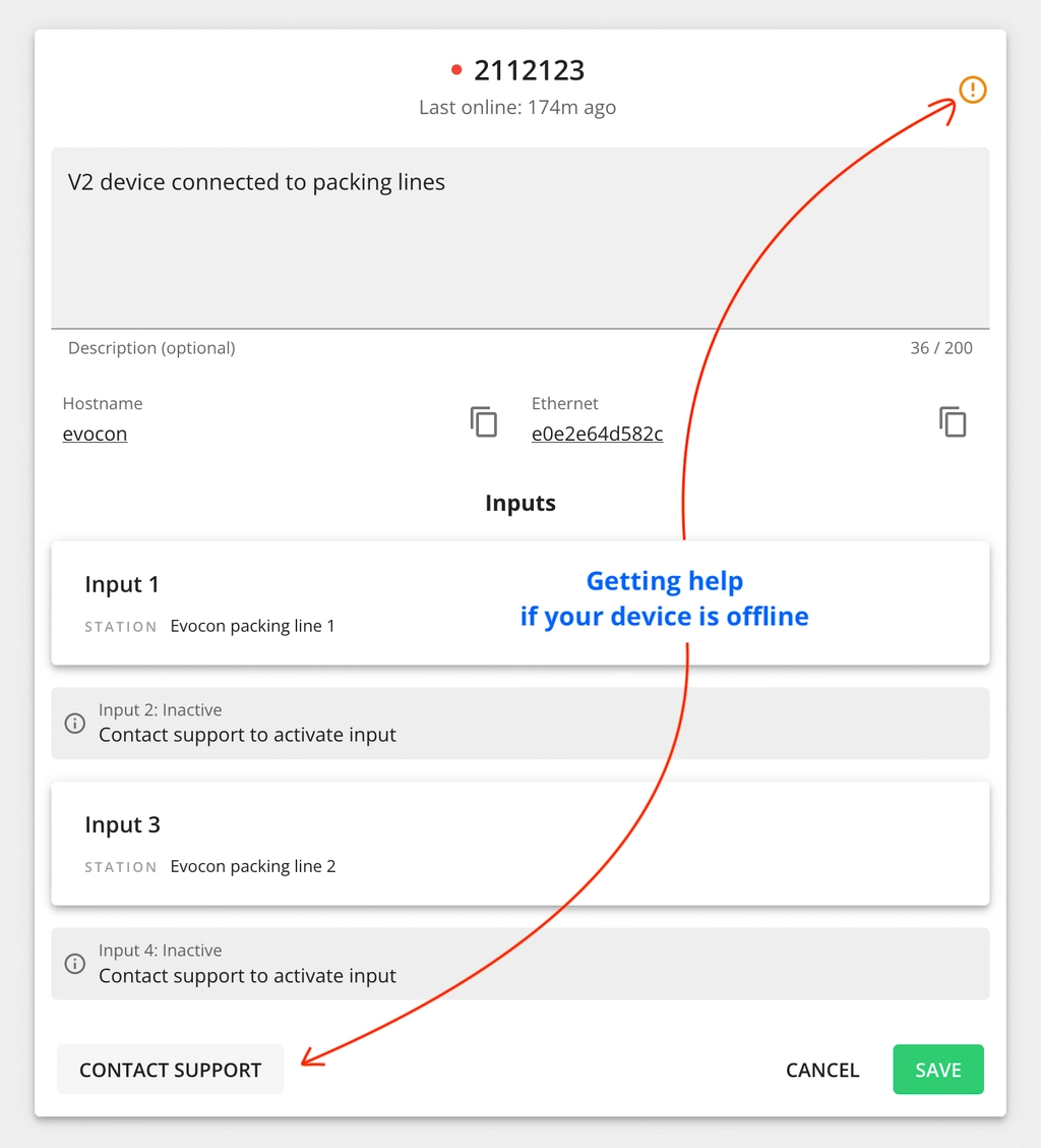 Captura de pantalla: Si eso no ayuda, use el botón Contact support (Contactar a soporte) en la misma vista (abajo a la izquierda) para avisarle a nuestro equipo
