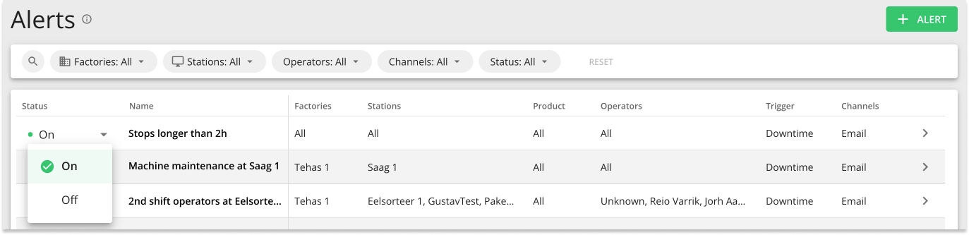 Screenshot: In Settings, alerts can be edited by clicking on the alert row or on the arrow icon in the overview. Switching the alert on or off can be done from