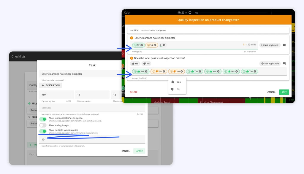 Captura de pantalla: La cantidad de muestras requerida se configura por tarea en la configuración de la lista de verificación, de la misma forma que en las tare