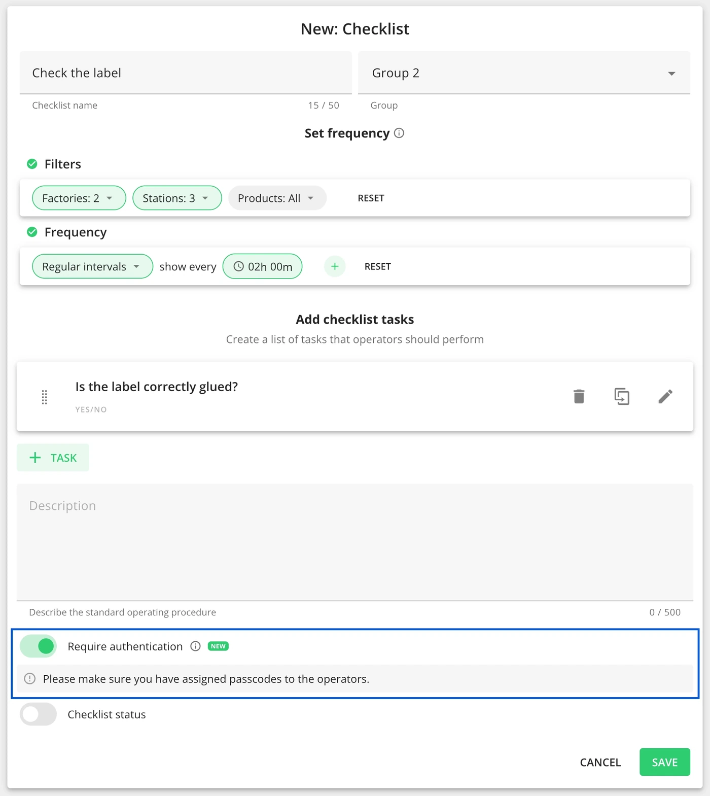 Captura de pantalla: Cuando el interruptor "Require authentication" está desactivado y la lista de verificación se guarda, las nuevas listas de verificación que