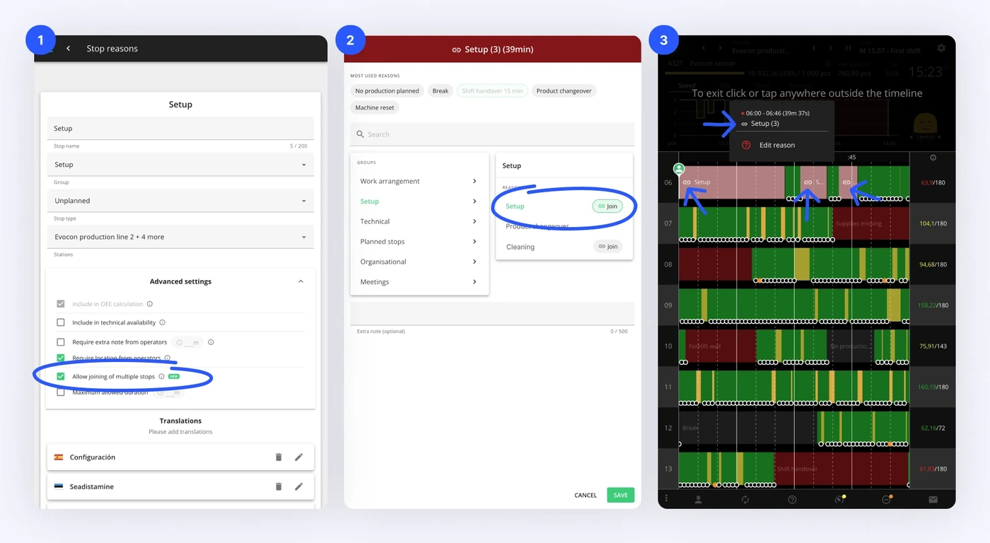 Captura de pantalla: Unir paradas de producción para lograr datos precisos