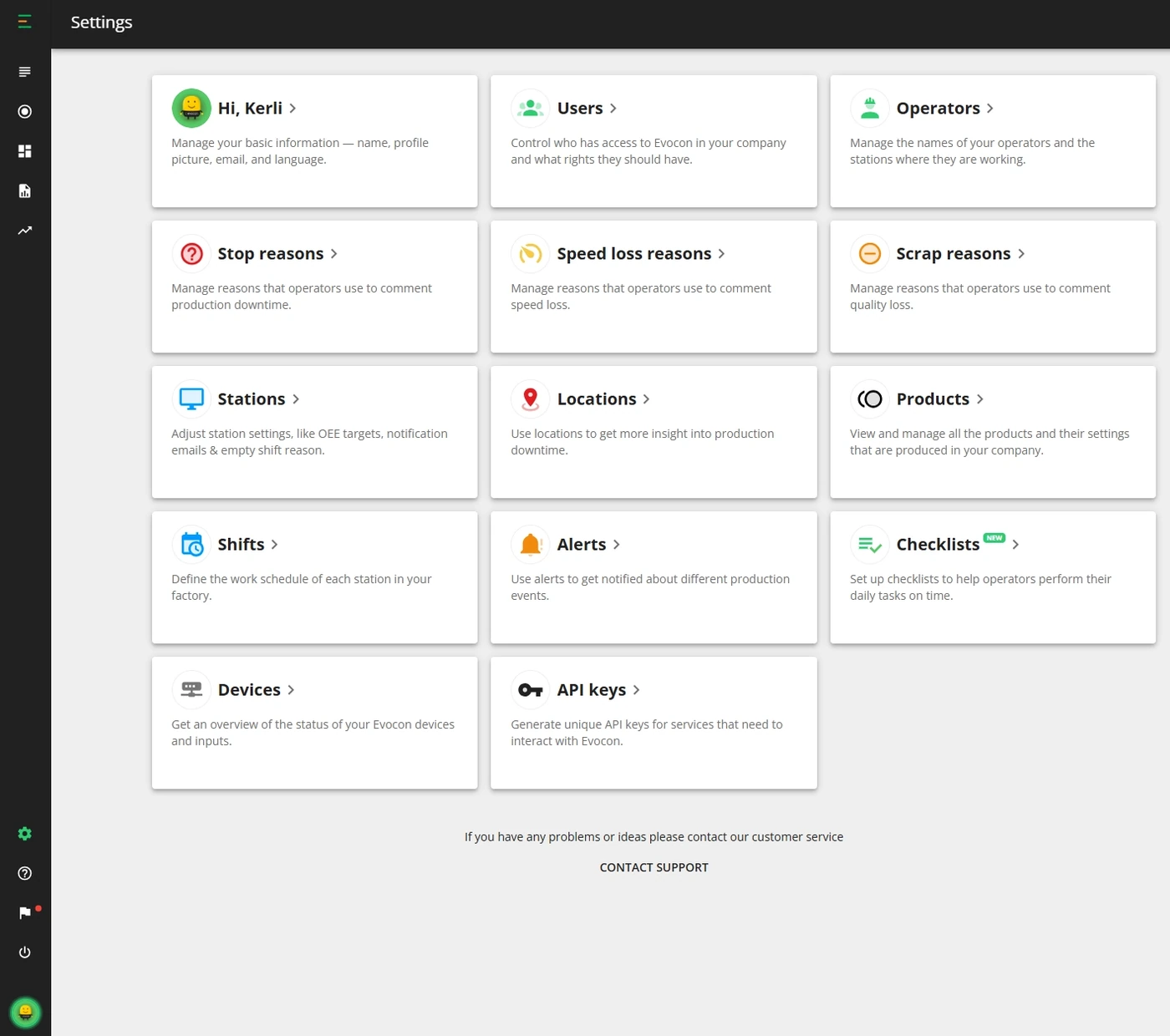 Screenshot: In the Settings view, you will see subsections for different parameters.