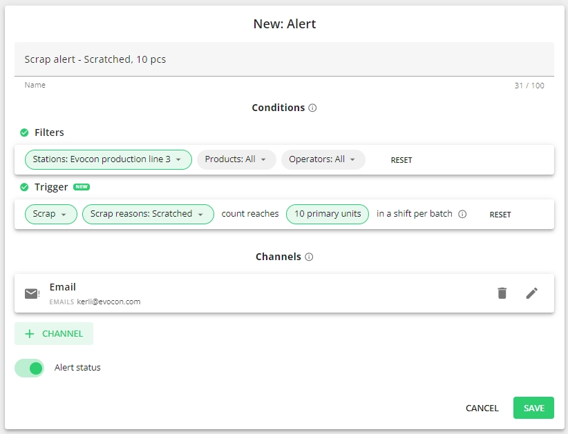 Screenshot: Scrap - Define which scrap reason(s) and at what count triggers the alert.