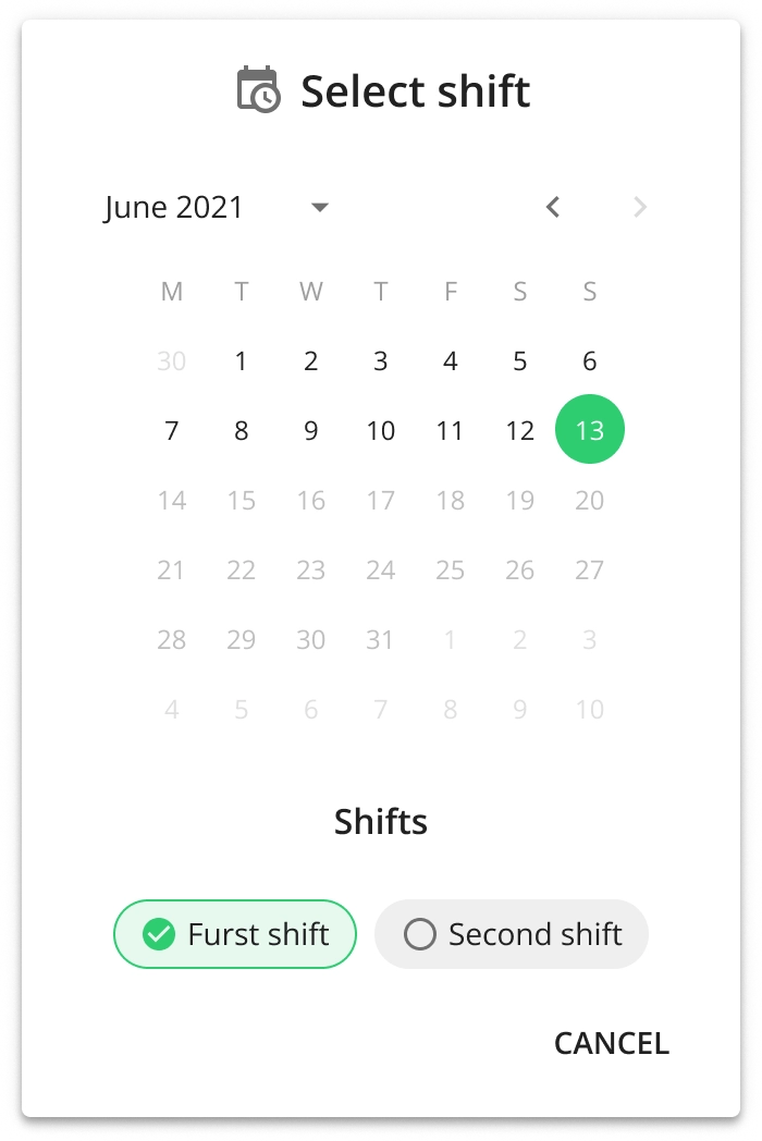 Screenshot: Select a date and shift from the calendar - you are taken to that shift.