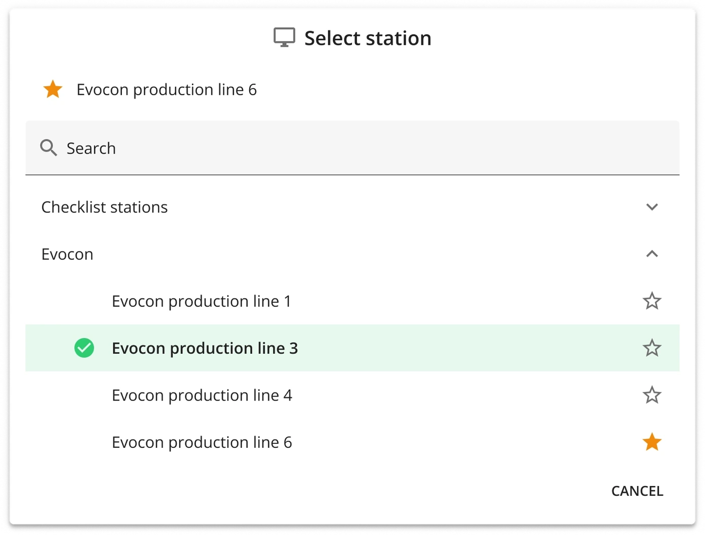 Captura de pantalla: La estación predeterminada se define en la cuenta de usuario, en Settings (Configuración), pero también se puede cambiar directamente en la